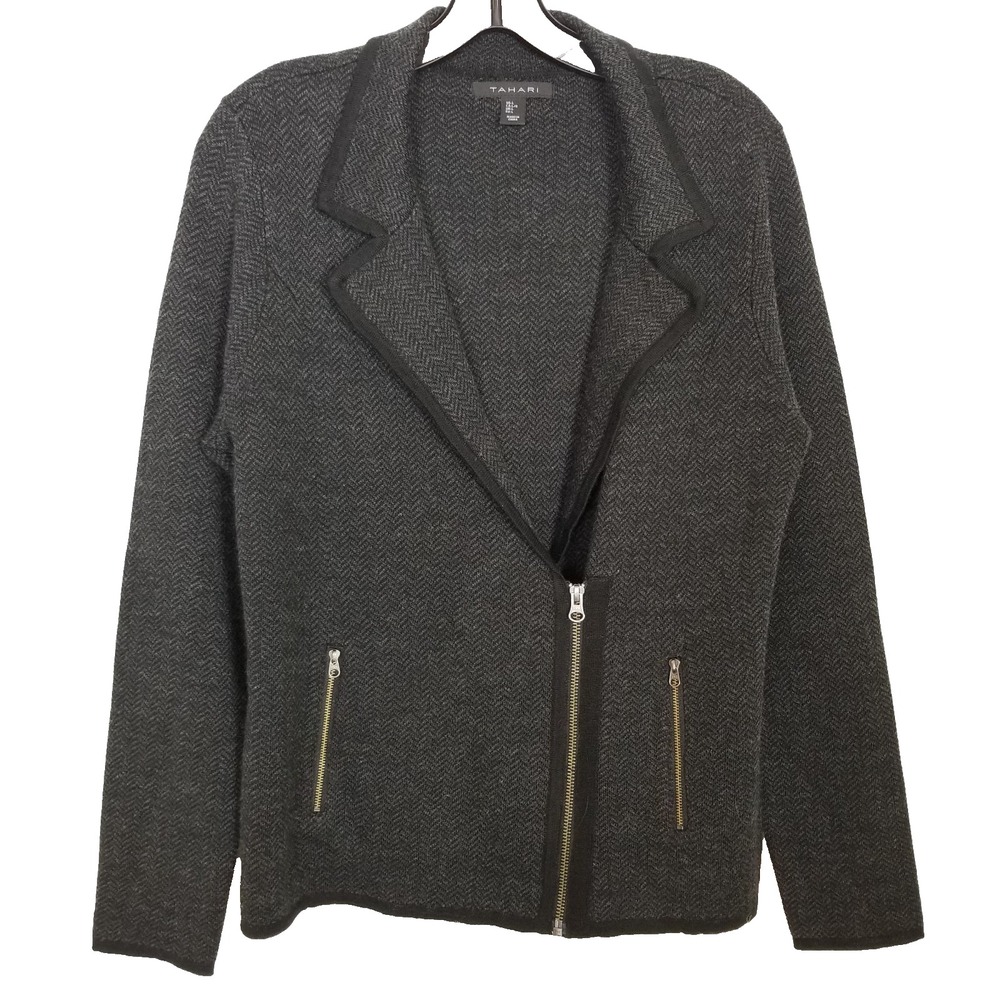 Tahari Women Merino Wool Asymmetrical Zip Moto Jacket Sz L Herringbone Gray
